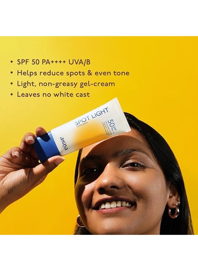 Asaya Spot Light Sunscreen SPF 50 & Advanced Pigmentation Serum (Pack of 2) | UVA/UVB & Blue Light Protection | Reduces Dark Spots, Acne Marks & Hyperpigmentation | MelaMe™ Complex, Niacinamide & Alpha Arbutin | Lightweight, Fast Absorbing & No White Cast | For Oily, Dry & Sensitive Skin | 50ml & 30ml - Image 2